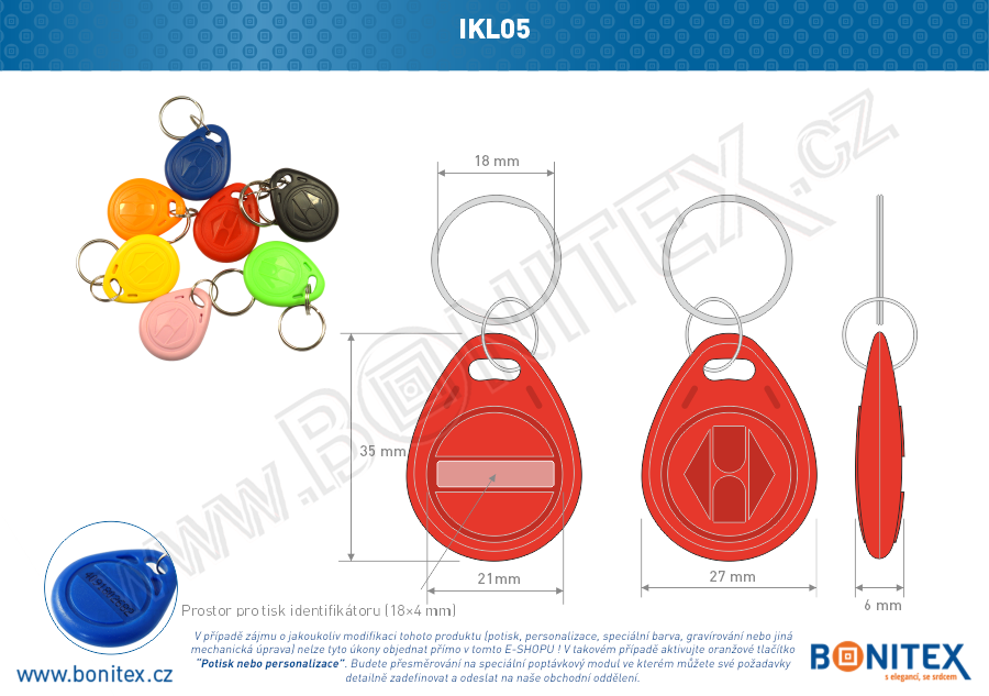 Klíčenka-ABS-35x28-tl.6mm-s RFID-13,56 MHz-červená-botinex