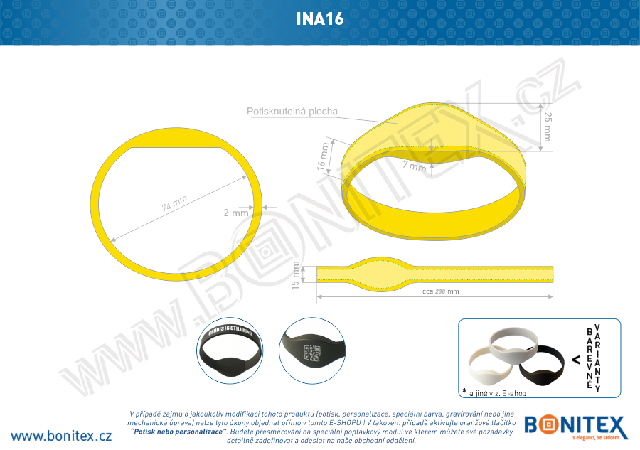 Silikonový náramek, průměr 74mm s RFID 125 kHz, žlutý-botinex