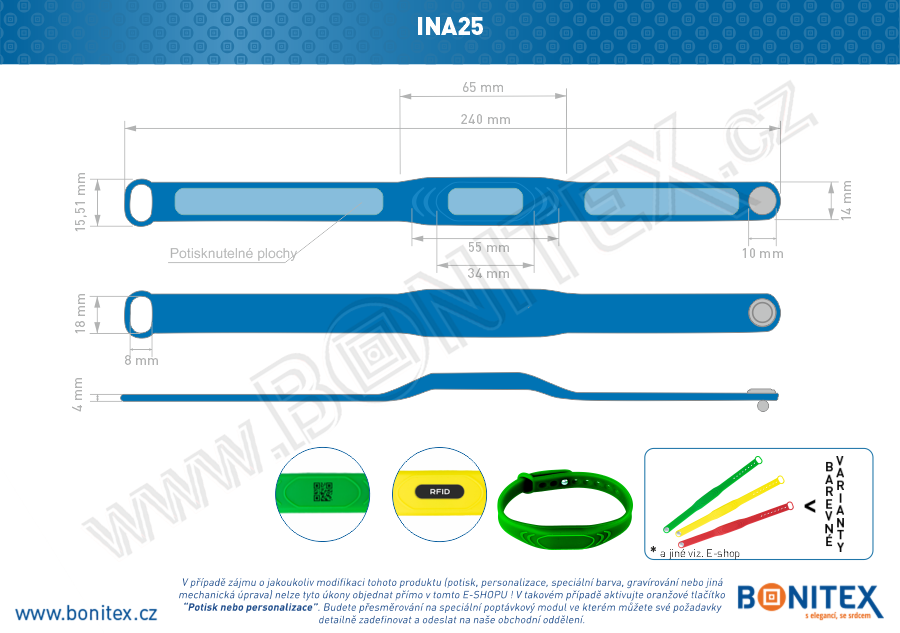 Silikonový náramek 242x13/17mm, kovový knoflík, s RFID 125 kHz, modrý-botinex