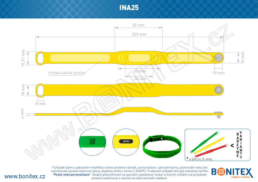 Silikonový náramek 242x13/17mm, kovový knoflík, s RFID 125 kHz, žlutý-botinex