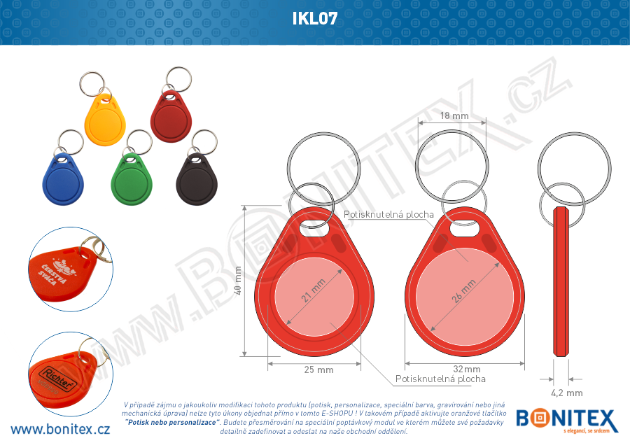 ABS klíčenka 40x32, tl. 4,2mm s RFID 125 kHz, červená+UID DEC-5B-botinex