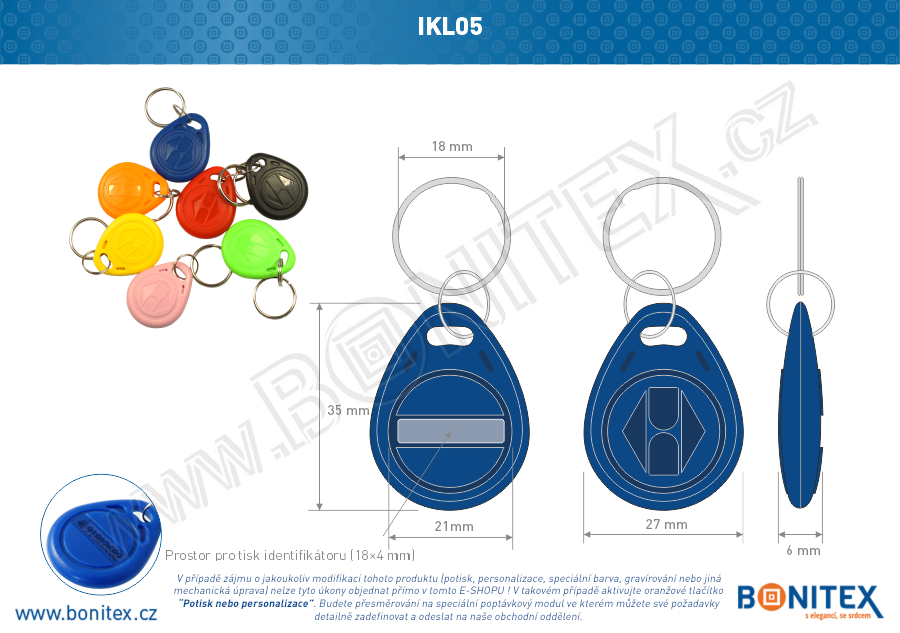 ABS klíčenka 35x28, tl. 6mm s RFID 125 kHz, modrá-botinex
